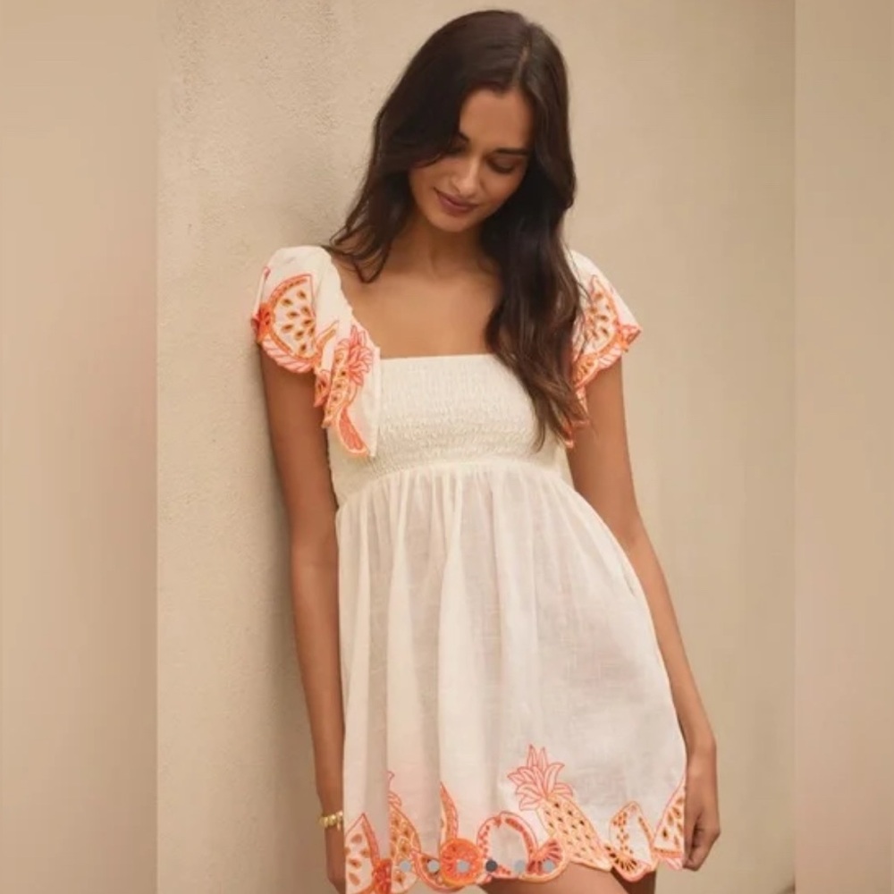 Anthropologie Flitter Sleeve Dress Embroidered Fruit orange